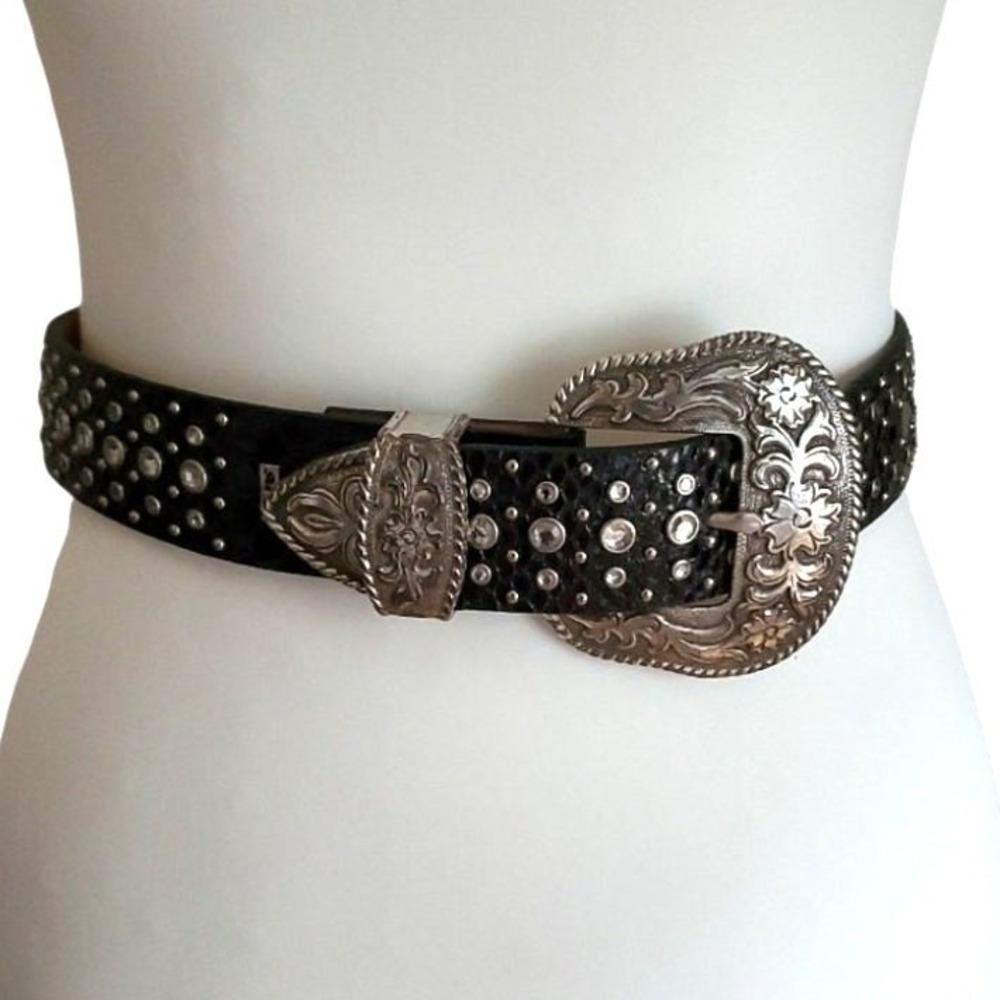Ariat Black Leather Belt 26 Crystal Reptile Print Silver Tone Tooled Buckle Boho